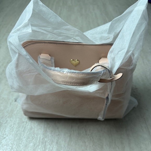 Pink Satchel purse with Double Handles and Gold heart Emblem - Picture 11 of 11